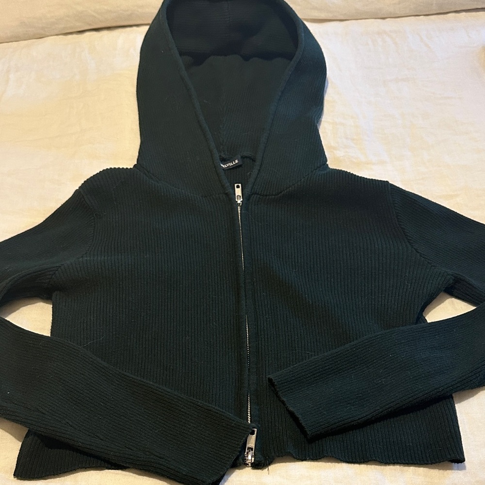 Brandy Melville dark green ribbed  Zip-Up sweater